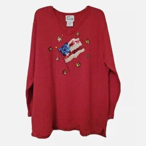 THE QUAKER FACTORY Sweater 1X Red US Flag American Sequin Beaded Womens PLUS NWT